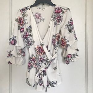 Ruched sleeve floral top with tie waist